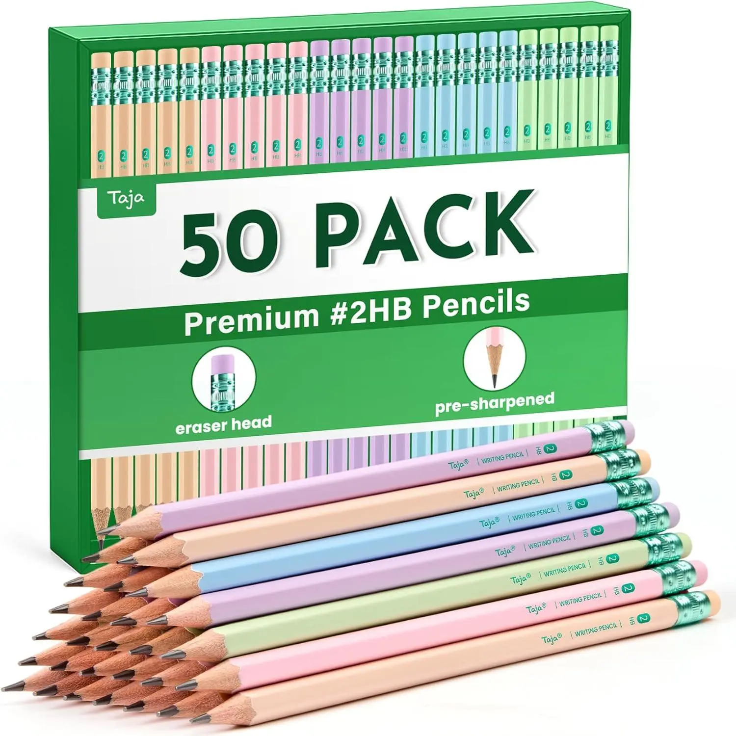 Taja 50 Pack Wood-Cased #2 HB Pencils, Bulk Pre-Sharpened Pencils with Top Erasers, Perfect for School & Classroom Writing and Drawing - Macaron
