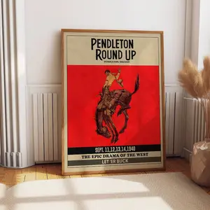 Pendleton Round Up Rodeo Poster Cowboy Cowgirl Prints Ranch Decor Red Posters Western Wall Art