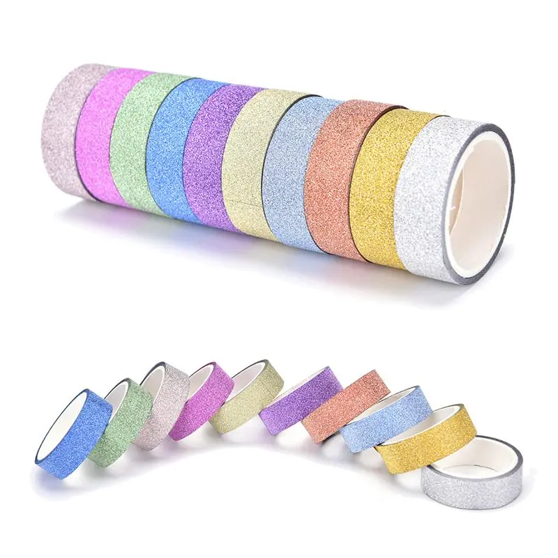 10 Rolls Random Color Glitter Washi Tape Pack, Adhesive Sticker For DIY Crafts, Metallic Color Gift Craft Decorative Tape, Glue Tape, Art Tape