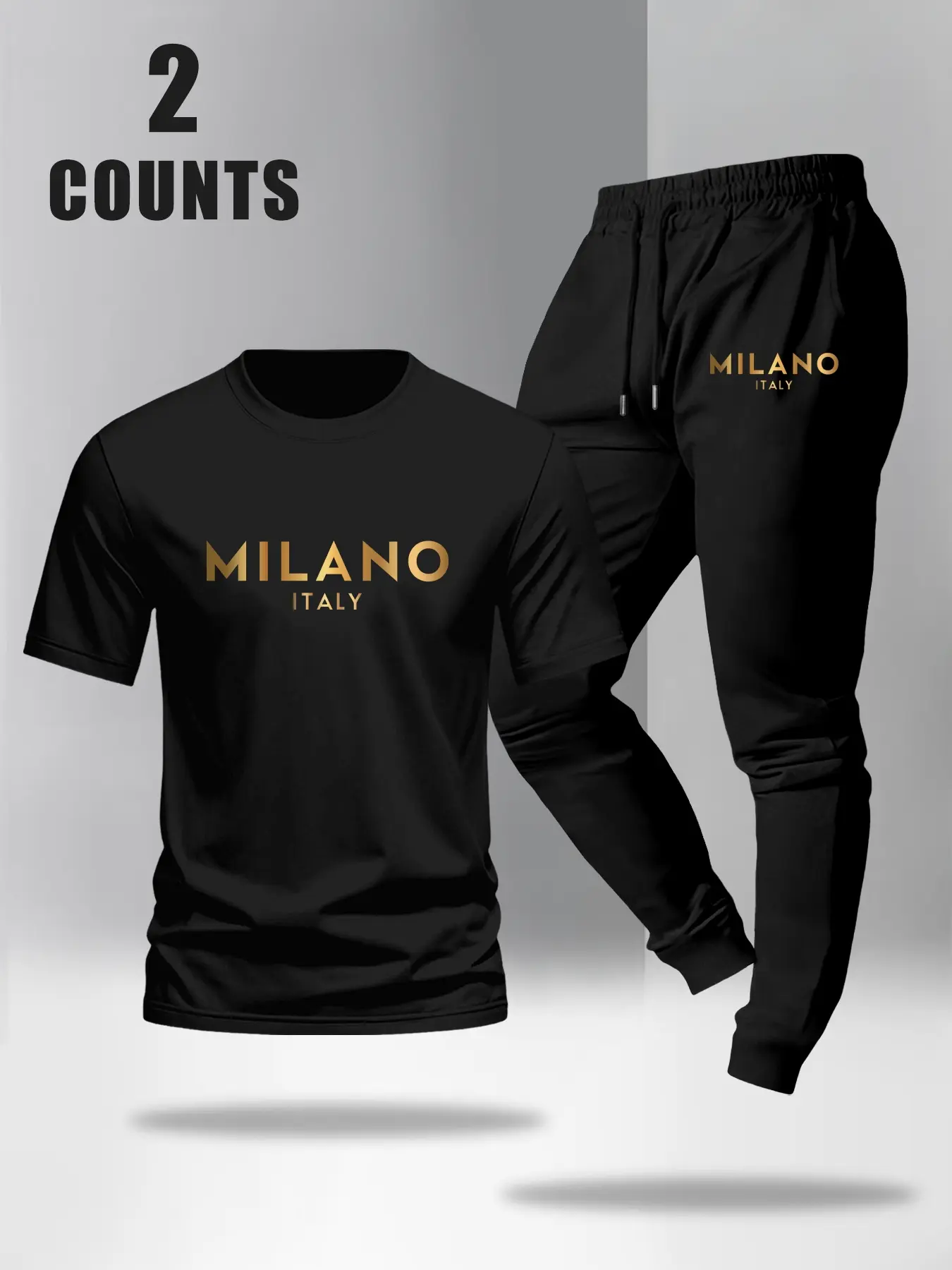 Men's Casual Gold Gradient Sportswear Set, Sporty Round Neck T-Shirt & Drawstring Pants, Outdoor Sports, Running, Daily Wear, 2 Piece Set