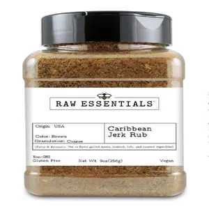 Raw Essentials Caribbean Jerk Rub – Spicy & Aromatic – Perfect on Grilled Meats, Seafood, Tofu & Roasted Vegetables – Non-GMO, Gluten Free, Vegan - 9 Ounce Bottle