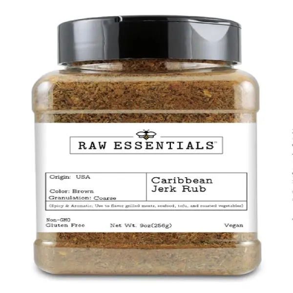 Raw Essentials Caribbean Jerk Rub – Spicy & Aromatic – Perfect on Grilled Meats, Seafood, Tofu & Roasted Vegetables – Non-GMO, Gluten Free, Vegan - 9 Ounce Bottle