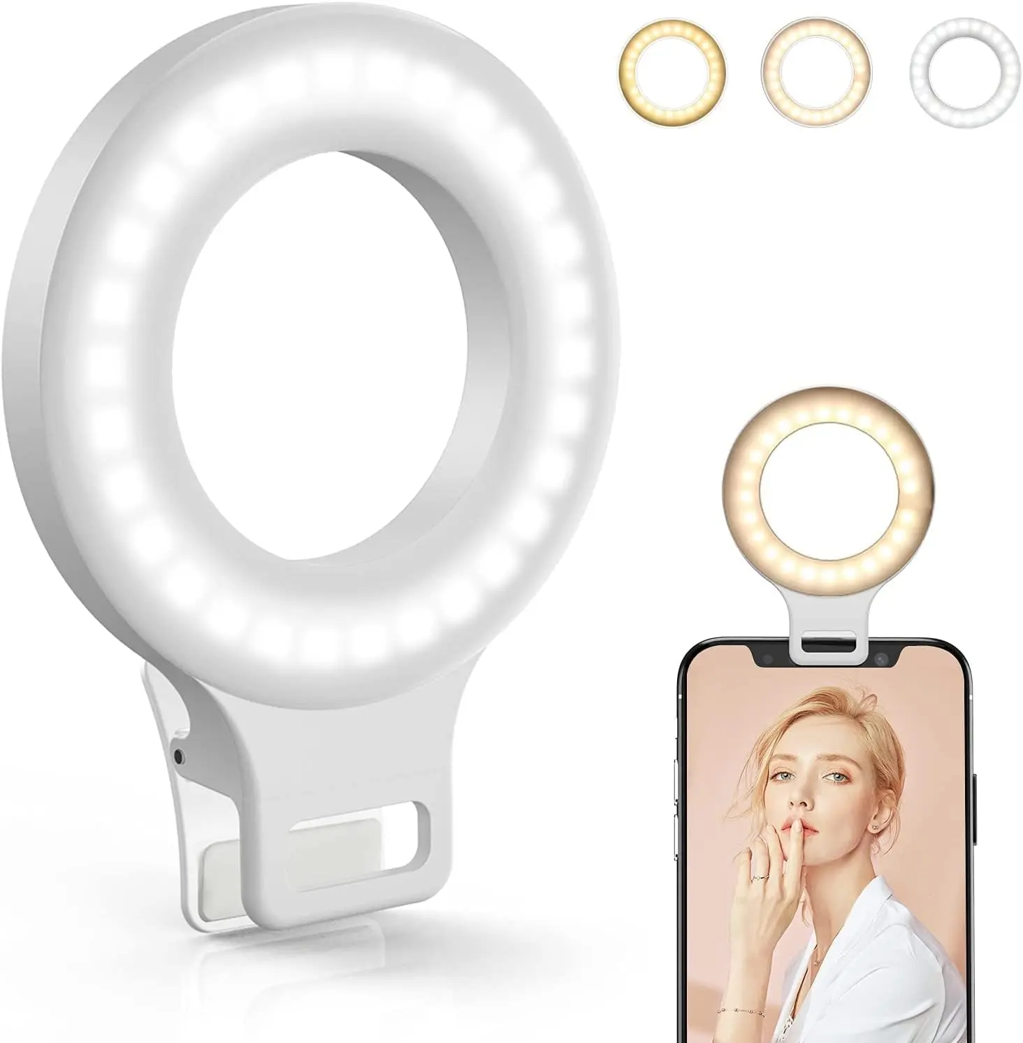 Clip-on Selfie Ring Light - Rechargeable 60 LED Lights with 3 Modes, 5 Brightness Levels, Clip Mount Selfie Accessories, Creator Gear for Daily Use by Smartphone Users, Laptop Users