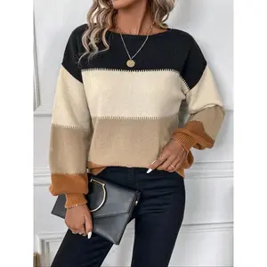 Women's Colorblock Striped Print Drop Shoulder Sweater, Casual Long Sleeve Round Neck Jumper for Daily Outdoor Wear, Ladies Knitwear for All Seasons��gift�� Womenswear Fabric