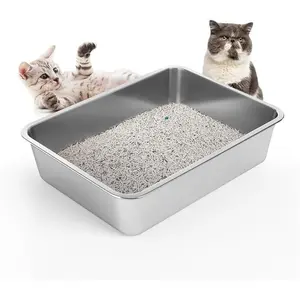 Large Stainless Steel Cat Litter Box, Easy to Clean, Non-Stick, Odor-Free, 15.7"x11.8"x4"