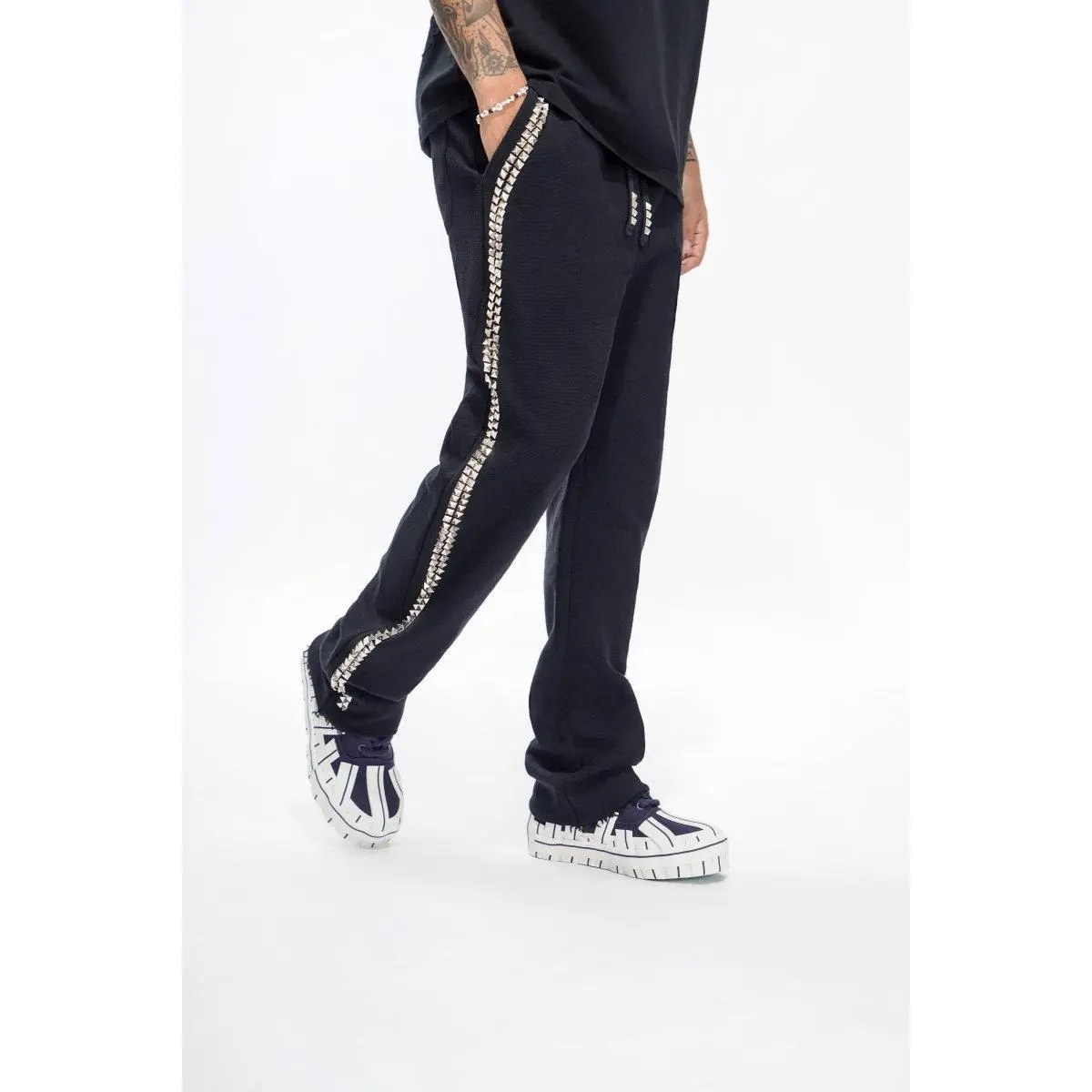 Saturn Black Unisex Straight Leg Fleece Pants - Heavyweight 500gsm French Terry Streetwear with Metallic Stud Side Trim, Fleece Fabric, S, Menswear, Mid, Stud Trim, Casual, Unisex Sizes, Clean Lines, Drawstring, Straight Pants