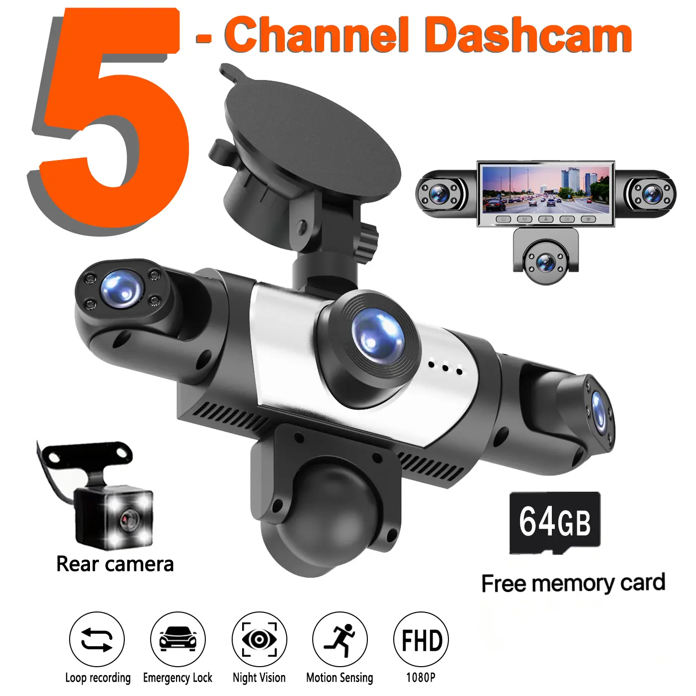 360° Panoramic 5-Lens Full HD 1080P Dash cam set, 1080P Front and 720P Full coverage of Rear/Left/Right/Inside,3.16 inch Five-Split  Screen Display, Super Night Nision, WDR, , Free 64GB Memory Card,#SummerVibes