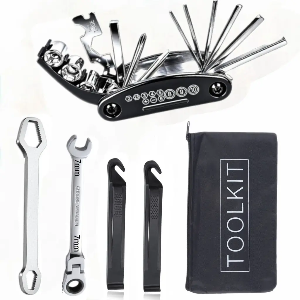 16-in-1 bicycle multi-functional tool set, compact repair tool kit, including Allen wrench, hex wrench, screwdriver, socket wrench, tire prying rod, Spoke wrench, tire levers, suitable for emergency repair, mountain bike and road bike maintenance