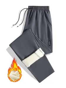 Men's Fashion Fleece Lined Thick Straight Leg Pants, Elastic Waist Drawstring Woven Fabric Casual Long Pants, Casual Solid Drawstring, Daily Outdoor Essential