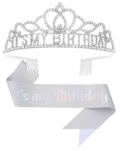 Birthday Tiara & Crown with Sash for Women, Silver Birthday Party Accessories