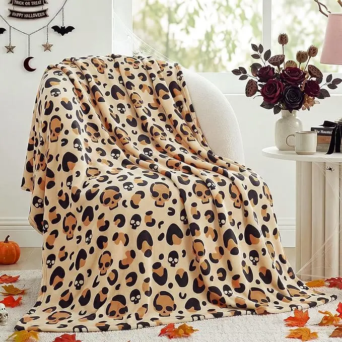 Halloween Throw Blanket Leopard Skull Flannel Blanket,Gothic Skull Flannel Blanket, Soft Plush Fleece, Leopard Halloween Decoration for Sofa Couch Bed Holiday Gift