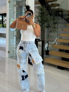 women's fashion loose straight leg multi-pocket patchwork streetwear pants, casual long trousers for spring & fall seasons