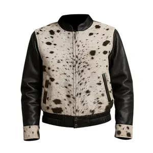 Women Cowhide Black White Hair on Hide Leather bomber Jacket, Black Sleeves with White Spotted Pattern, Elastic Waist by Hide Crafts
