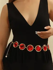 Fashion Red Gem Waist Belt Women Waist Chains with Big Round Acrylic Rhinestones for Cosplay Accessories Halloween Party Daily Decor Statement Chain Belts