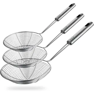 Spider Strainer Skimmer Spoon Set of 3 Stainless Steel Fryer Scoops with Long Handle for Kitchen Cooking and Pasta Use