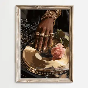 Black Woman DJ Poster Unframed – Vinyl Record Print, Afrocentric Wall Art, Luxury Hip Hop Decor, Music Room Print, Rose Aesthetic Art