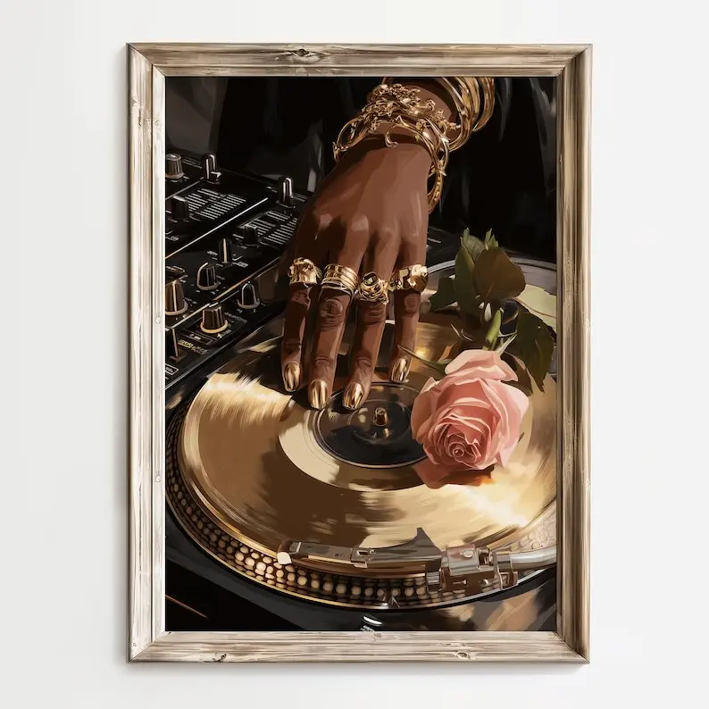 Black Woman DJ Poster Unframed – Vinyl Record Print, Afrocentric Wall Art, Luxury Hip Hop Decor, Music Room Print, Rose Aesthetic Art