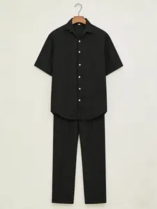 Men's Casual Striped Short Sleeve Tracksuit 2 Piece Set, Button Shirt Collar, Elastic Waistband Pants, Polyester , Summer Outfit with Belt Detail