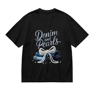 Women's Denim & Pearls Graphic T-Shirt - Casual Crew Neck Short Sleeve Top with Denim Texture & Accent-Like Lettering, Black & White All-Season Blouse, Machine Washable Jeans-Inspired Shirt for Jeans