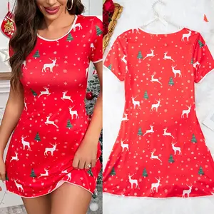 Women Nightgown Christmas Sleepwear Sleepshirt Soft Nightshirt Pajamas Dress Red