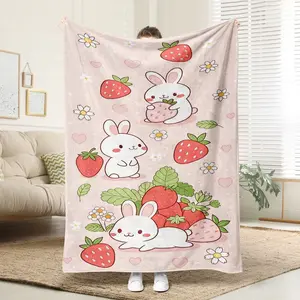 Strawberry Rabbit Cartoon Floral Print Blanket, Soft Flannel Home Sofa Warm Blanket, Anti-Allergy Knit Fabric, Perfect Gift for Bed Couch Camping Travel Car
