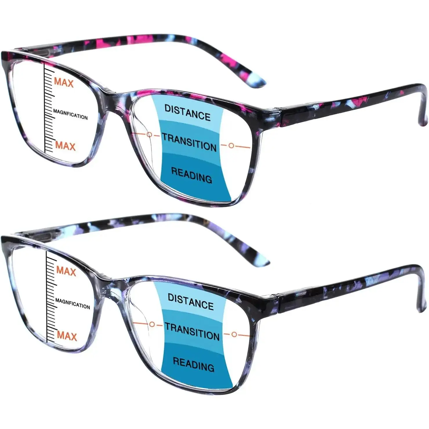 Progressive Multifocus Reading Eyeglasses - Blue Light Blocking, Spring Hinge Readers for Women and Men, Multicolor, 1.25 Strength, Single Item, 2 Black, Unisex