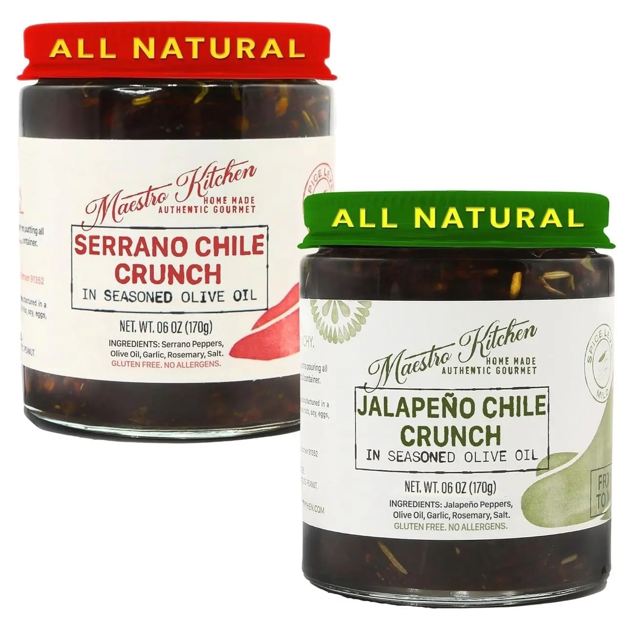 Spicy Serrano & Mild Jalapeno Pepper Chili Crisp Crunch - 6oz Variety 2 Pack - All Natural Chili Oil Hot Sauce 100% Olive Oil, Garlic & Rosemary - Crunchy Mexican Seasoning – Gluten Free Vegan