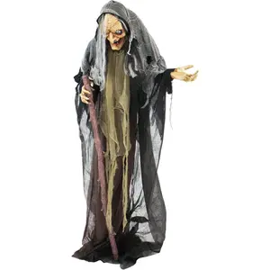 Haunted Hill Farm Life-Size Scary Poseable Talking Witch, Halloween Animatronic with Touch Activated Lights and Sound, Battery Operated Indoor or Covered Outdoor Halloween Decorations, Halloween Prop