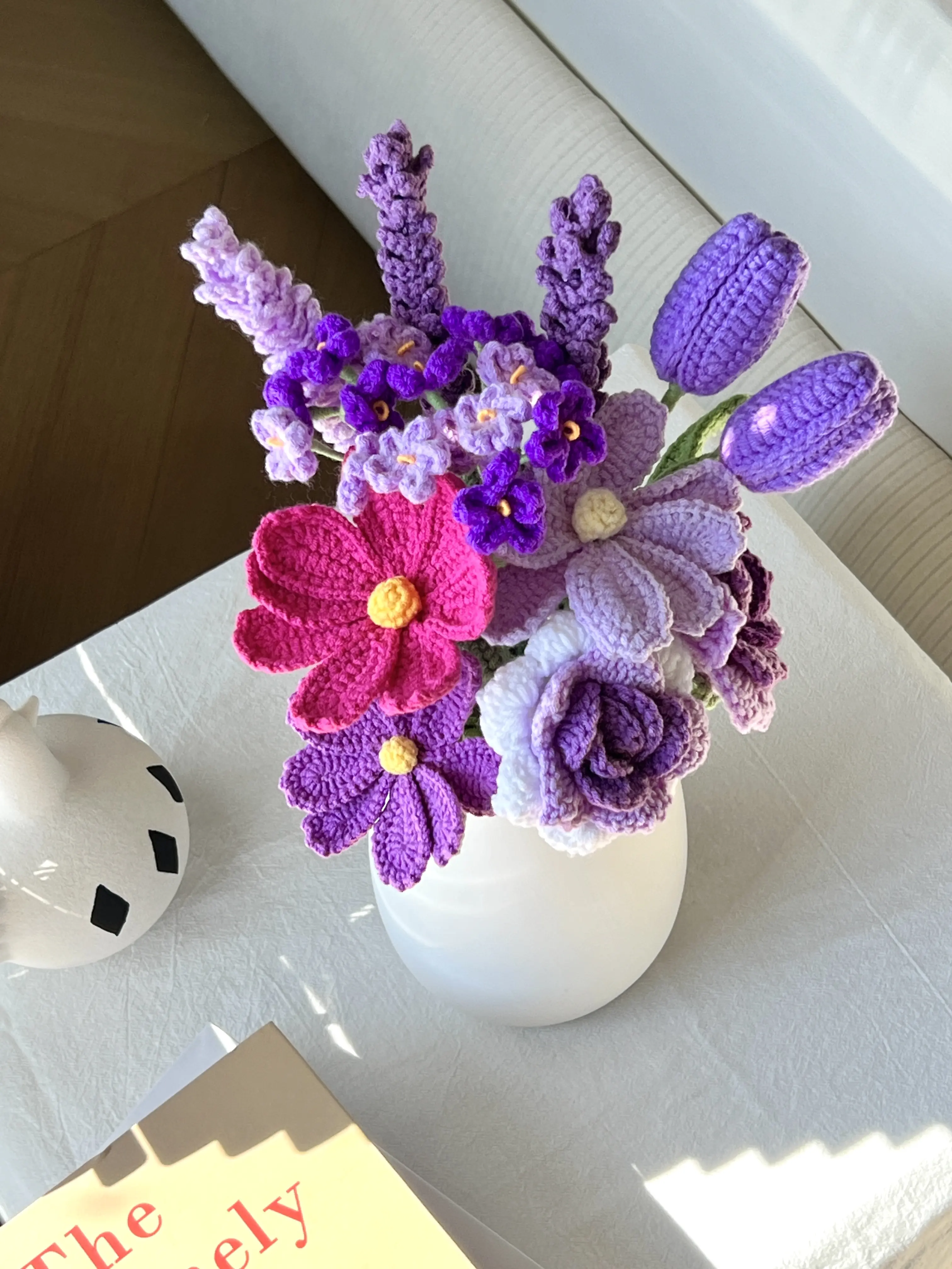 13-Piece Handmade Knitted Rose Bouquet - Eco-Friendly Cotton Yarn Handcrafted Everlasting Mixed Cut Flower Arrangement with Lavender, Babysbreath, Galsang Plants & Card (No Vase) - Floral Decor Gift for Mom (Birthday, Couple Anniversary)
