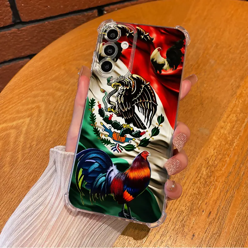 Mexican Flag Pattern Eagle And Rooster Collage Creative Design aesthetic tpu Casing For SAMSUNG GALAXY A14A15A16A25A26A34A35A36A53A54A55A56 IPHONE 16 17 Pro Four Corners Transparent Soft Silicone TPU Gift Shockproof Anti-Drop Phone Cases Shell Cover L1764