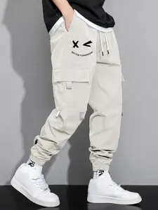 Men's Work Pants with Pocket, Fitted Letter Print Graffiti Design, Elastic Waistband with Drawstring, Comfortable Casual Fashion Style, Casual Fashion Trousers, Casual Streetwear Trousers