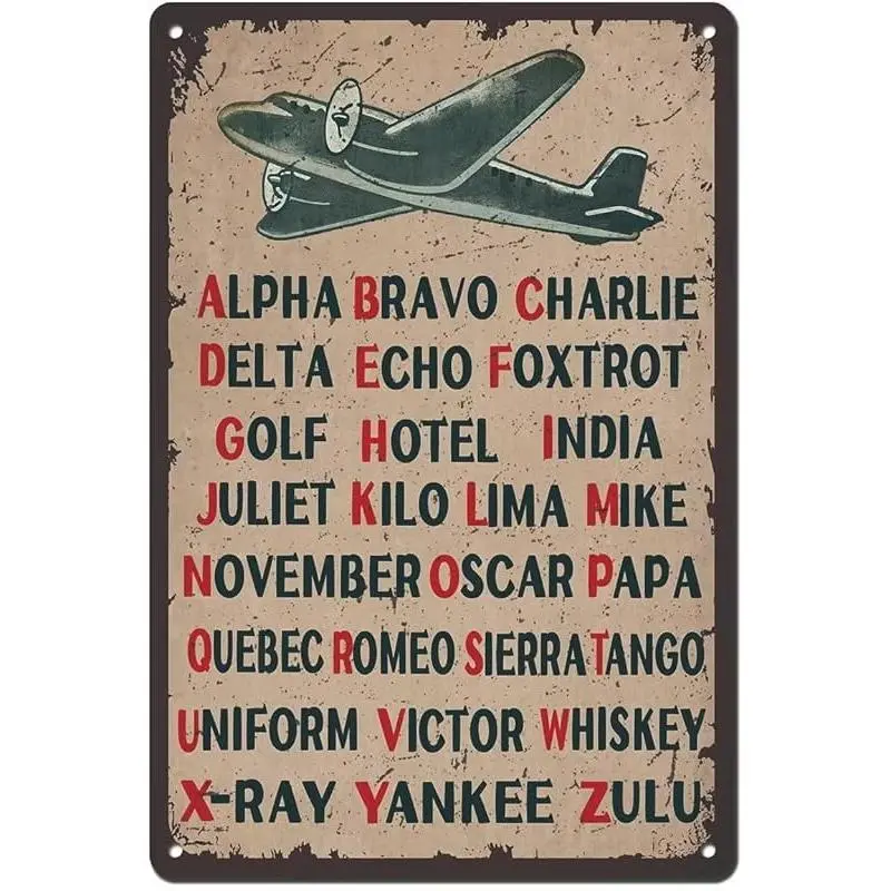 Pilot Code Phonetic Alphabet Metal Print Tin Sign, 8x12 in Lightweight Universal Hanging Retro Military Wall Decor - Mountable with Nail for Door, Man Cave-Garage Home Decor Gift, Mount, Wall Hanging