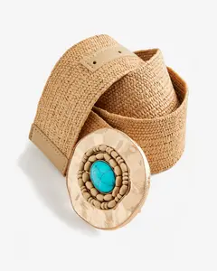 Turquoise Stone Raffia Belt Natural/Turquoise