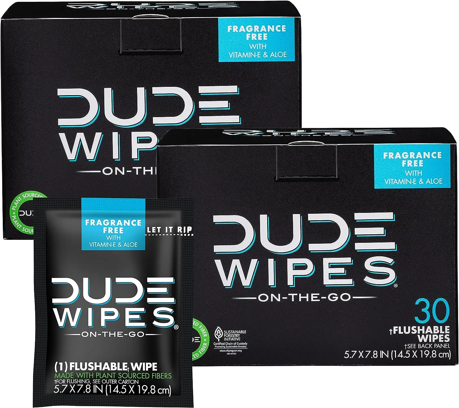 DUDE Wipes - On-The-Go Flushable Wipes - 2 Pack, 60 Wipes - Unscented Extra-Large Individually Wrapped - Vitamin E & Aloe - Septic and Sewer Safe