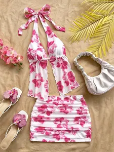 Women's Elegant Boho Chic Style 2-Piece Set, Floral Print Halter Top with Backless Design, Fitted Mini Skirt, Perfect for Beach Vacations