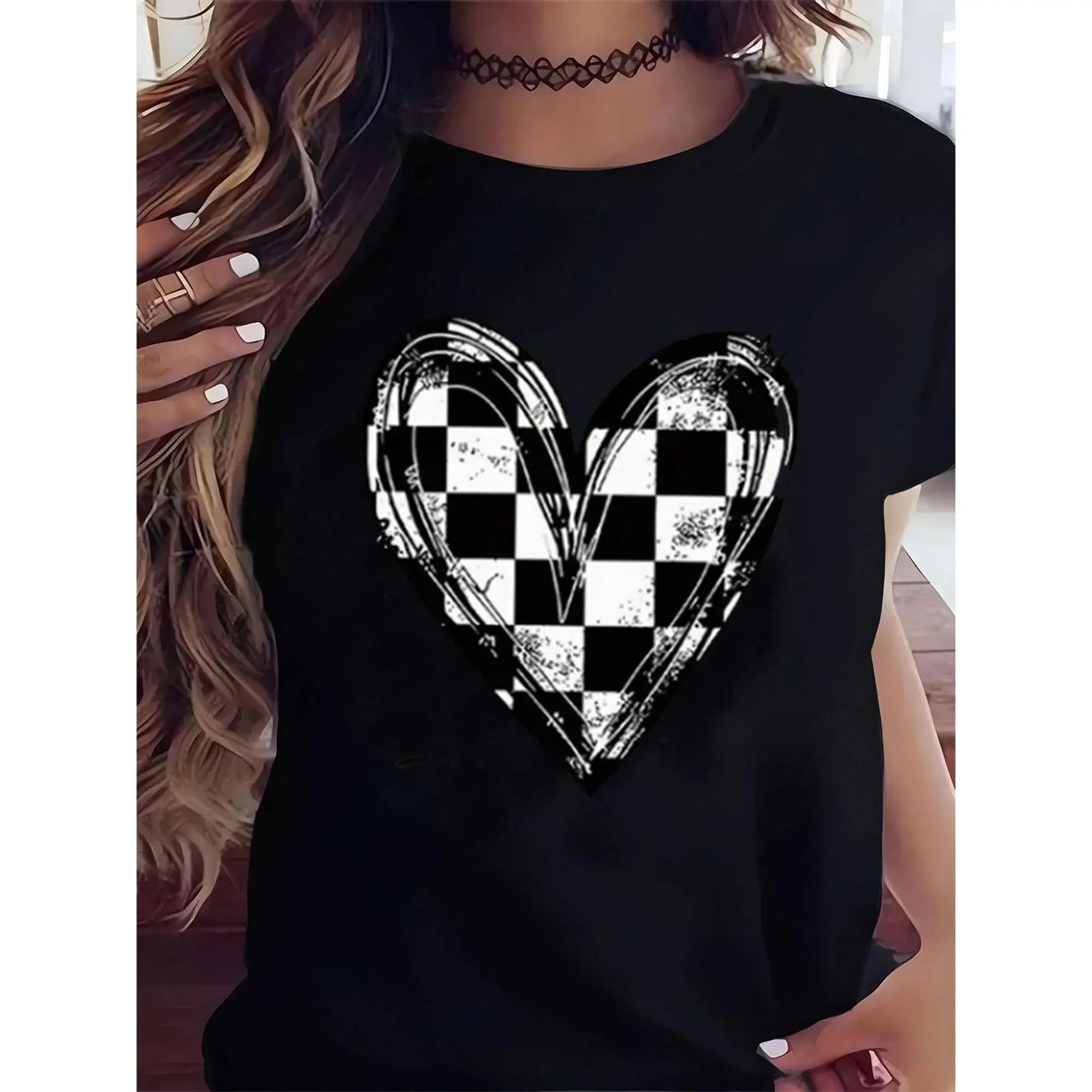 Women's Black 100% Cotton Tshirt - Casual Short-Sleeve Round Neck Graphic T Shirts with Checkered Heart Design, All-Season Top