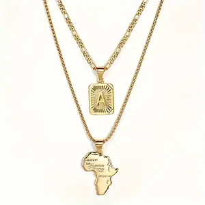 2pcs Set Initial Letter Map Shape Pendant Necklace Golden-Plated Copper Jewelry Set for Women Men