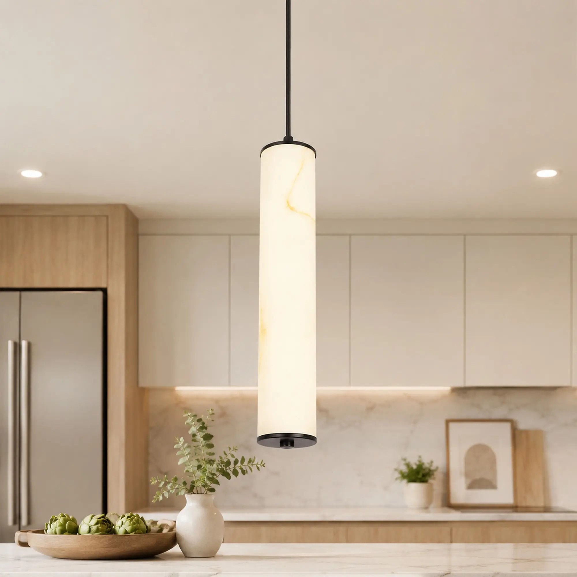 Modern Imitation Marble Cylinder Pendant Light, Black Metal Hardwired Adjustable Cord Single Tube Ceiling Lamp, Warm LED Light for Kitchen Island Bar Sink Dining Room Decor