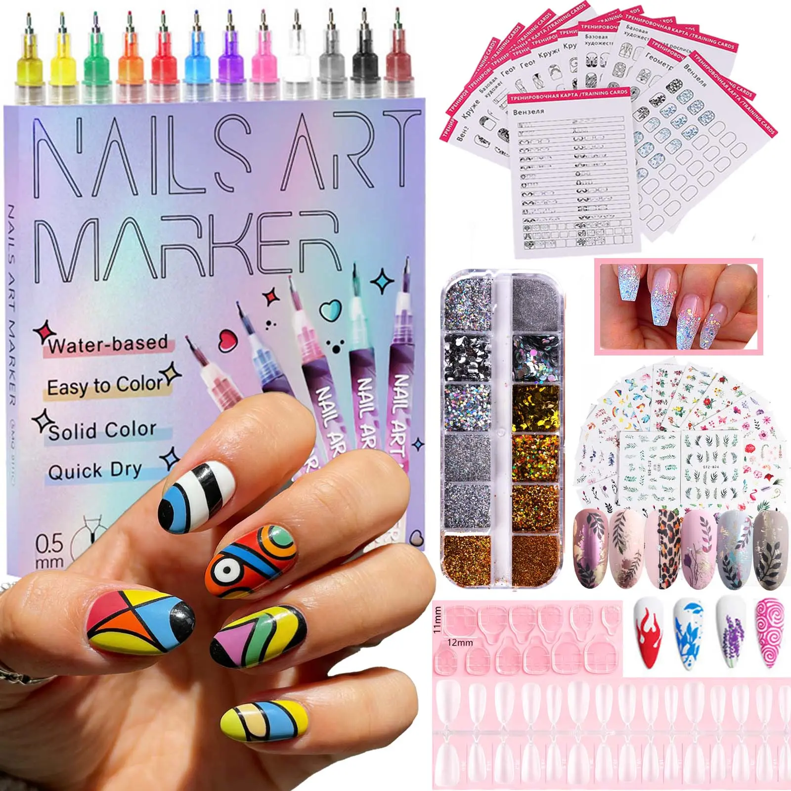Nails Art Marker Set 12 Nail Art Pens with Press-on Nails Jelly Glue Glitter Stickers Practice Template for DIY Manicure Board Water-based Quick Dry