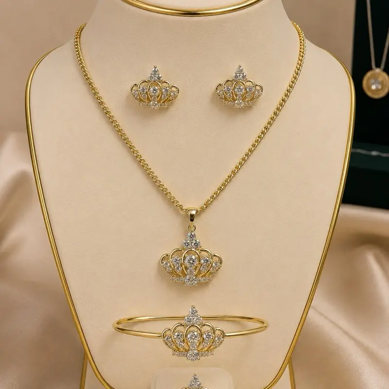 14K Gold Laminated Crown Jewelry Set – Necklace, Bracelet, Ring & Earrings | Princess Style Matching Set for Mom & Girl