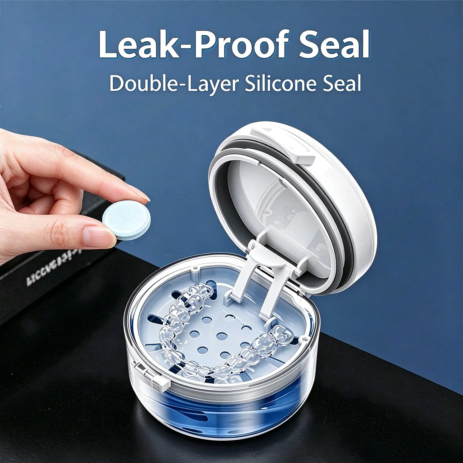 Dental Aligner Case for Invisalign, Retainer Cleaner Soak Box with Drain Tray, Leak Proof Travel Retainer Holder Featuring Silicone Seal, Air Vent Valve & Magnetic Lid