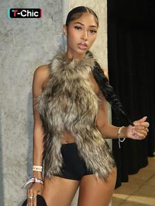 women's sexy backless halter top, sleeveless split hem crop vest, faux fur tie neck casual wear, perfect for parties & night out