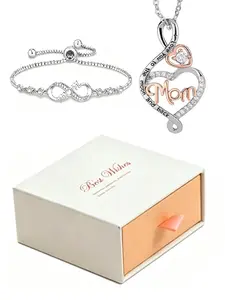 Mother's Day Gift Set, Letter Necklace & Love Bracelet, Bear Rose Box, Inspirational Card, Stainless Steel, All Seasons, Casual Style