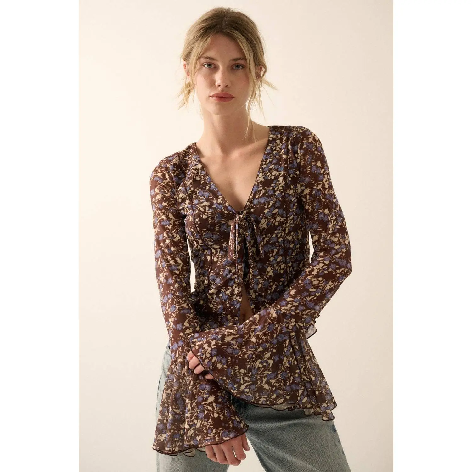Floral Tie-Front Mesh Knit Blouse