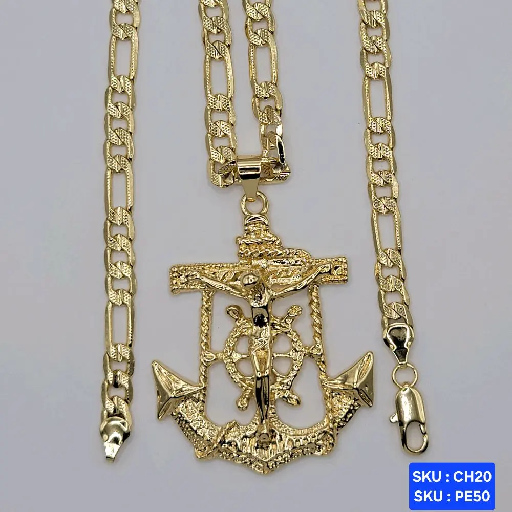 Anchor with CHRIST ON THE CROSS.   Select Chain Figaro, Cuban or Mariner link Style 24 Inches 6 Millimeters Laminated Gold Jewerly with Anchor Pendant. SKU : PE50