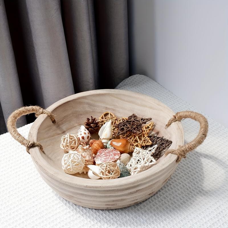 11.2 Inch Wooden Decorative Bowl, Paulownia Wood Dough Bowl with Rope Handle, Rustic Key Bowl for Entrance Table, Tableware Tray, Naturewood Table Centerpieces Bowl for Home Boho Decoration and Garden Accessories.