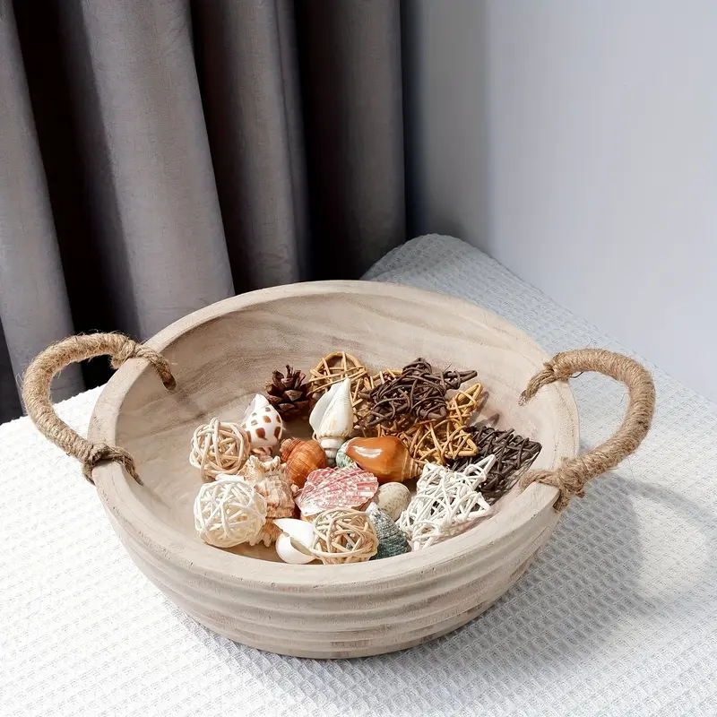 11.2 Inch Wooden Decorative Bowl, Paulownia Wood Dough Bowl with Rope Handle, Rustic Key Bowl for Entrance Table, Tableware Tray, Naturewood Table Centerpieces Bowl for Home Boho Decoration and Garden Accessories.