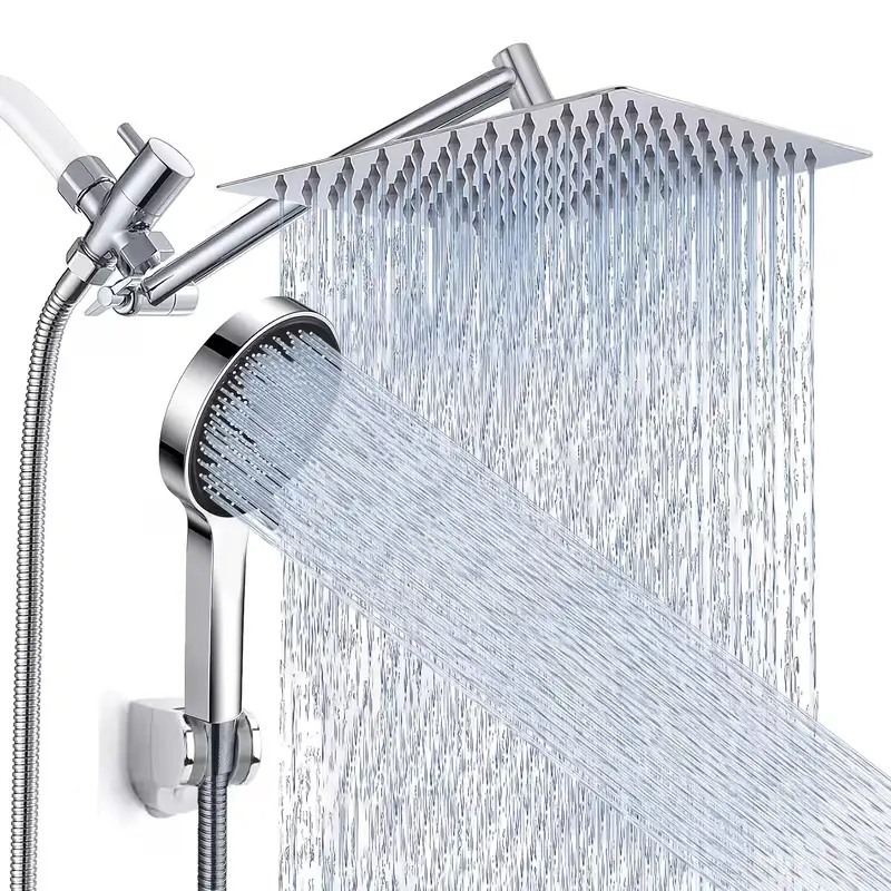 Bathroom Accessories High Pressure Shower Head Set for Summer Gift,1 Set 8/10/12" Square Rain & 5 Setting Hand Shower,Equipped with 59"Hose, 3 Way Diverter Valve,Adhesive Shower Head Holder,Wrench-free installation summervibes
