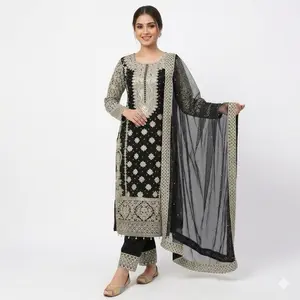 The Glamour Team Black Indian Panjabi Long Suit with Heavy Embroidery in Faux Georgette Fabric Fully Stitched Ready to Wear