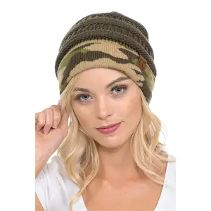 C.C Hat 46 - Slouchy Thick Warm Cap Hat Skully Camouflage Military Cuff Cable Knit Beanie Camo Beanie microbeanie
